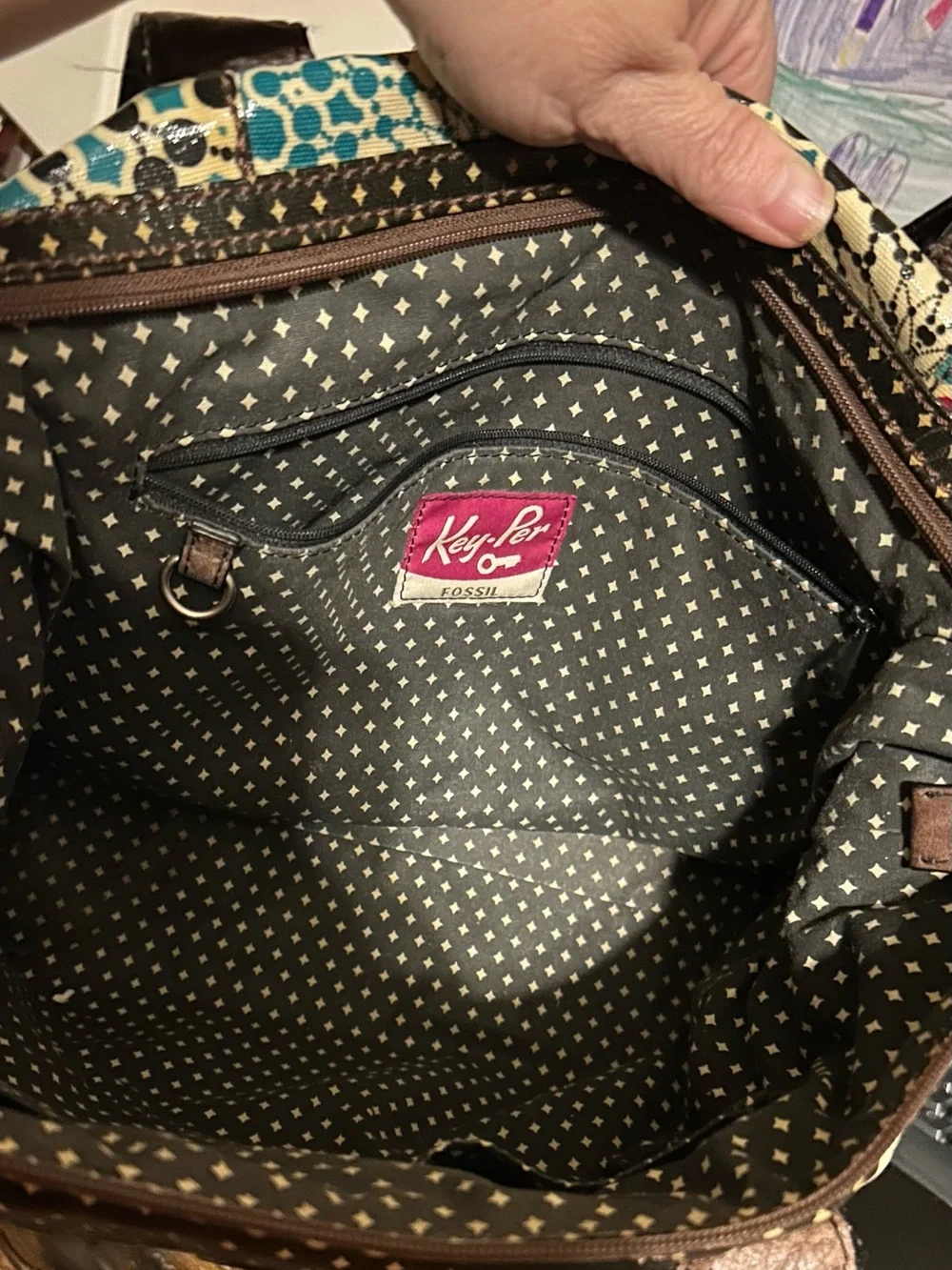 Fossil Teal Multicolor Floral-Print Hobo with Brown Handles